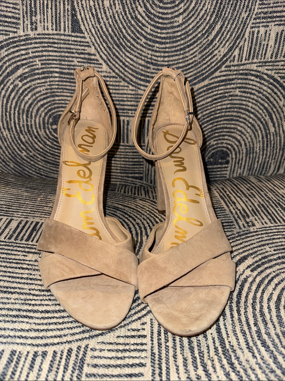 Sam Edelman Beige Suede Ankle‑Strap Block Heel Sandals Sz 11 Business Casual